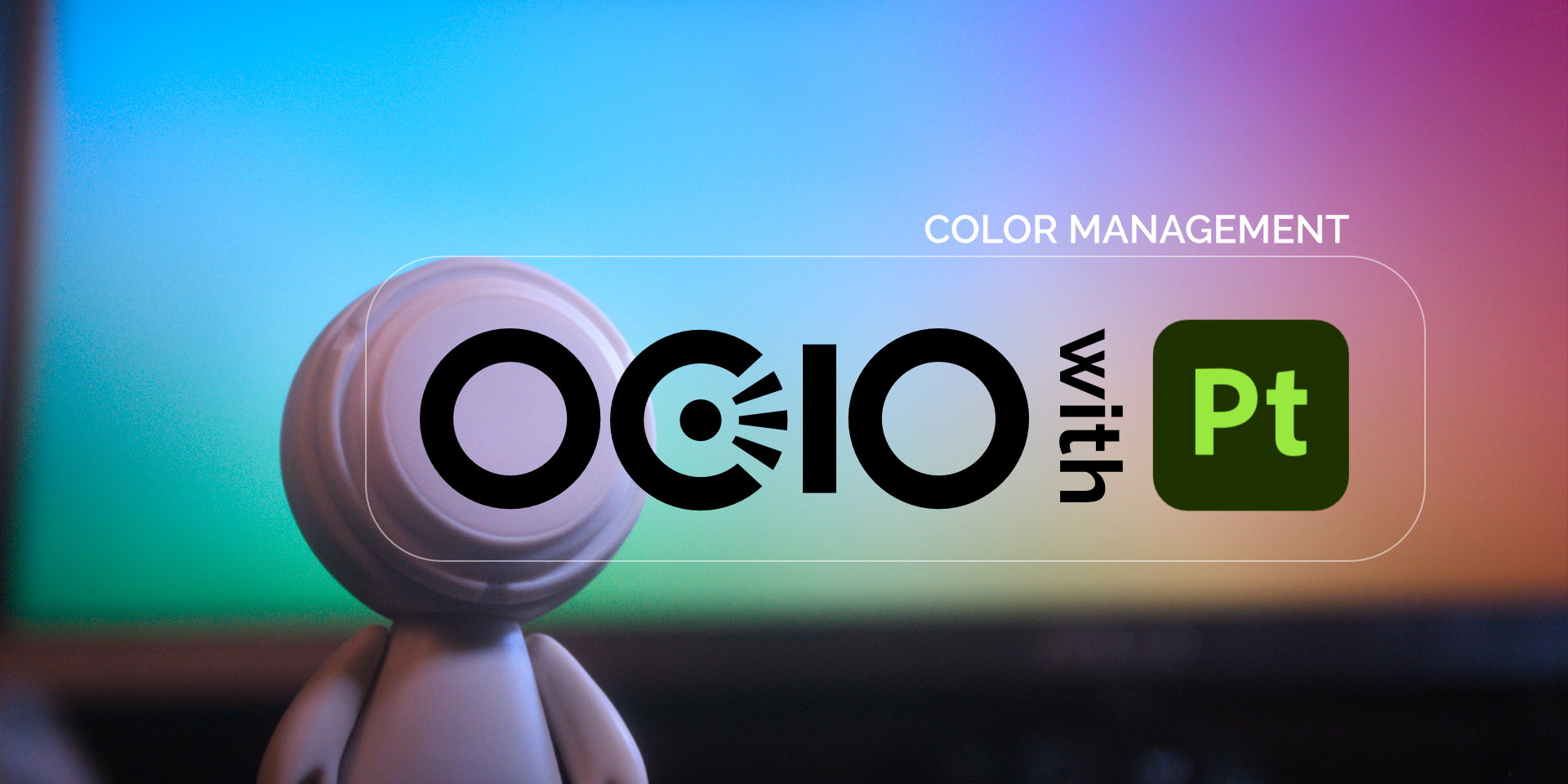 A decorative image that shows the meet-mat character in front of a monitor displaying a rainbow-colored pattern.