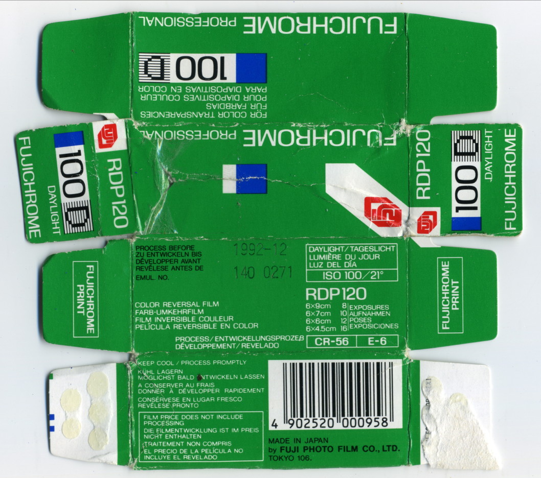 a photography of a flattened box of 120mm Fujichrome 100D