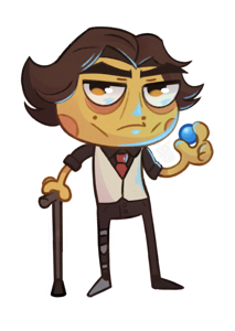 A frog that is also Viktor from Arcane, holding a Hextech Gem and looking at you really tired.