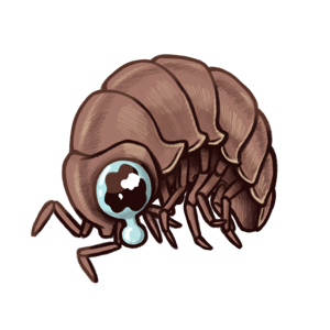 A cartoony brown pillbug with big blue eyes curled up and crying (mood).