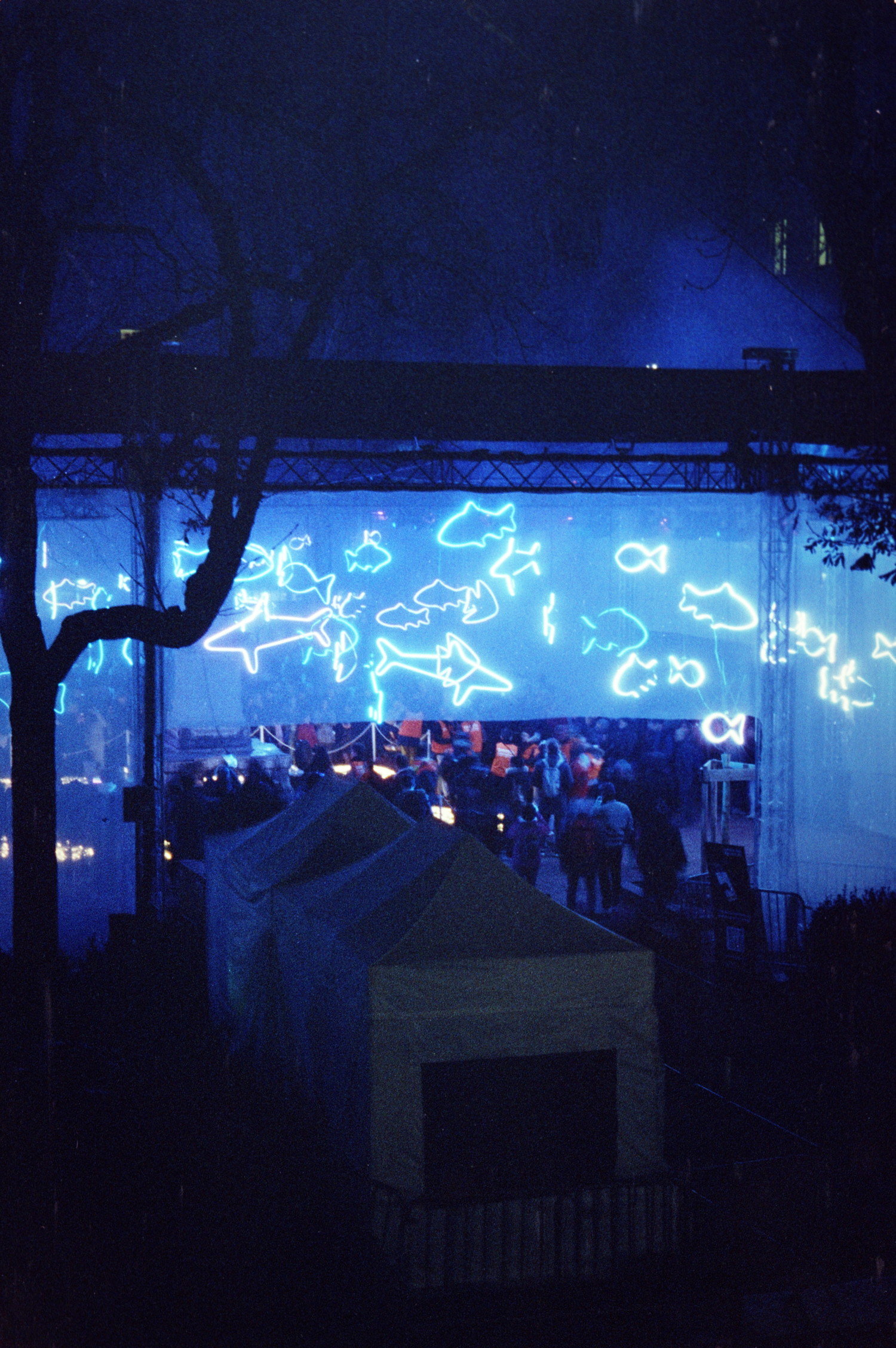 How to turn a square into a fish tank ? Suspend fish in the air, and try to turn the atmosphere blue so it feel like underwater. Obviously don't use real fish. Those ones are neon tube drawing the silhouette of various fishes, which coupled with some fog and the contrast of the night create a magical ambiance which dragged a lot of people to wander among the luminous aquatic species.