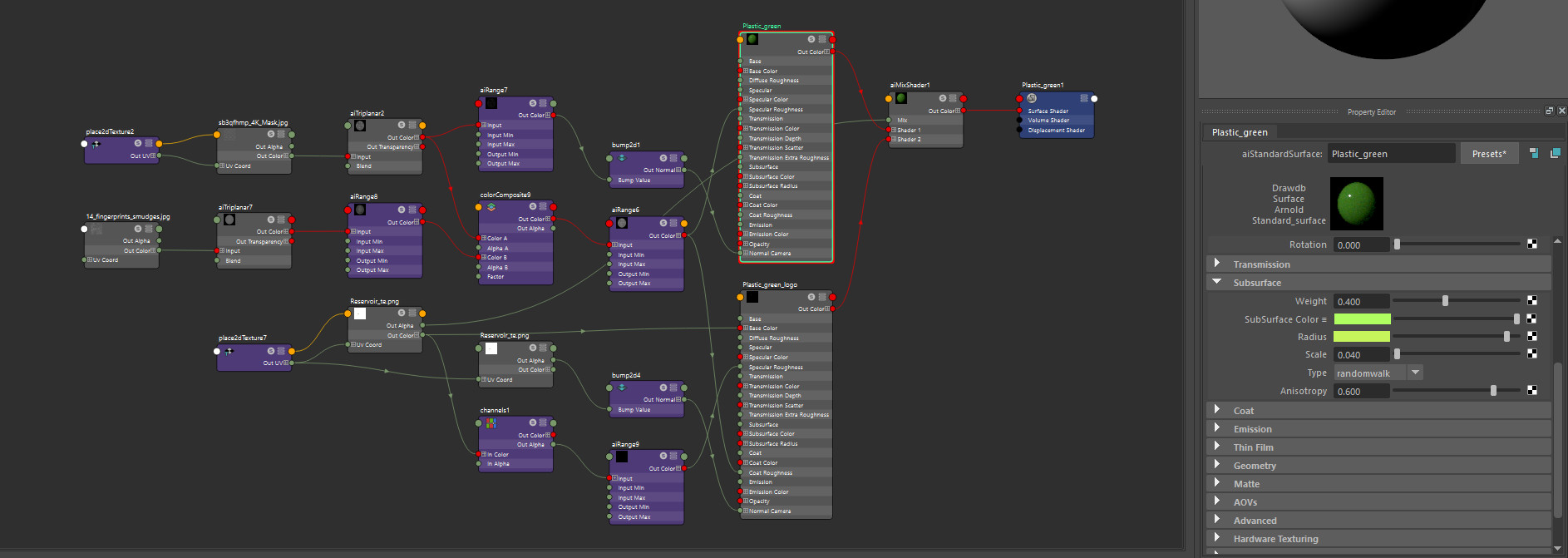 A screenshot of the Maya node editor for the material.