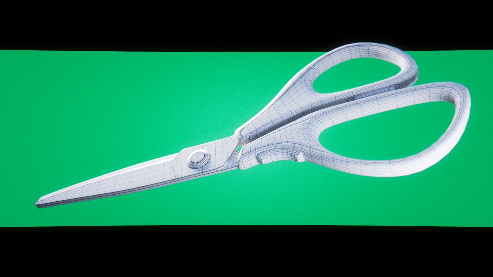 The same render but the scissors is shaded in grey and have the topology wireframe visible.