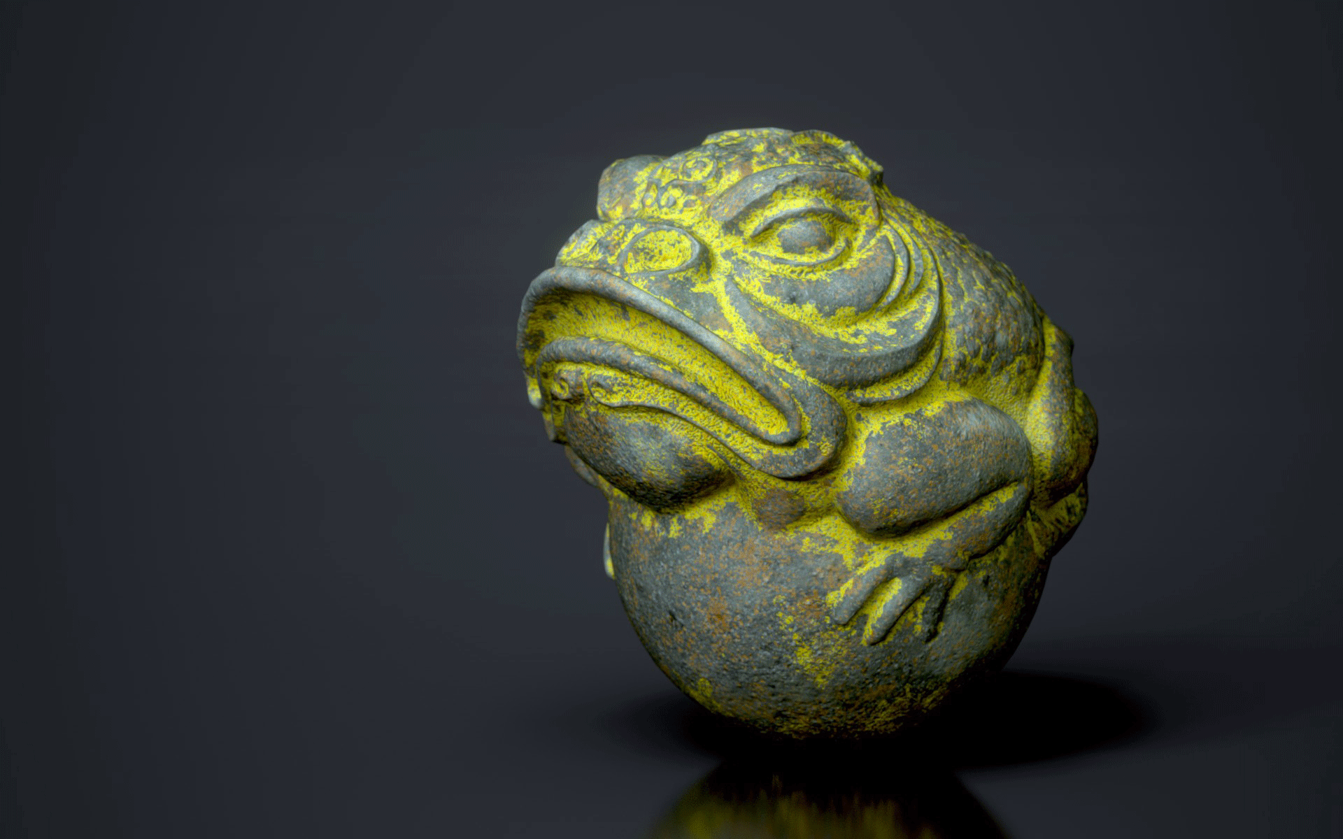 The frog sculpture with different configuration for the lichen material where we remove some of the effects layers.