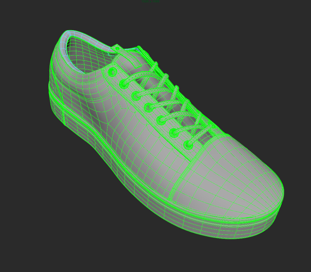 A screenshot of the Maya viewport with the shoe 3d model wireframe visible.