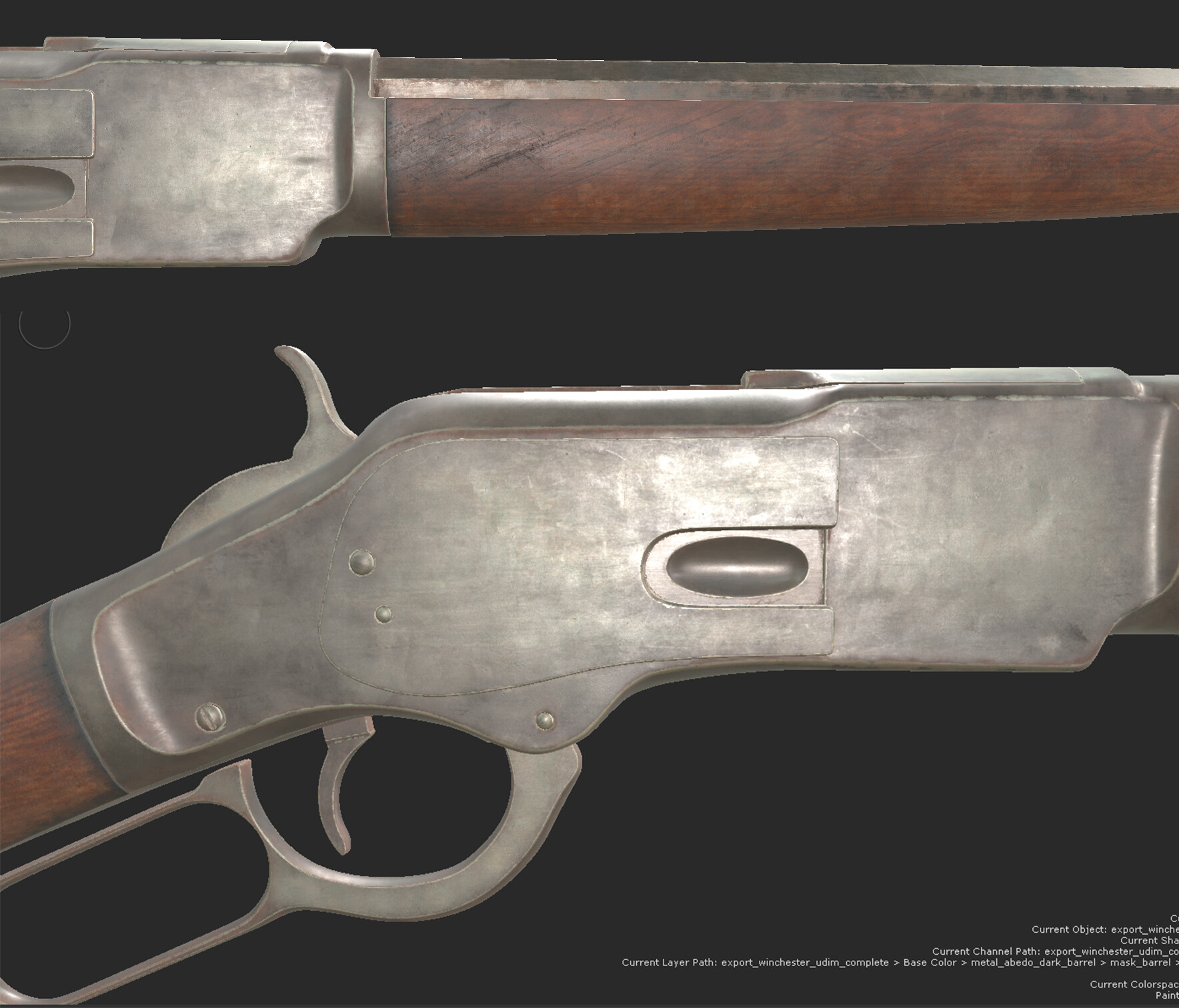A screenshot of the winchester model fully shaded in the Mari viewport.