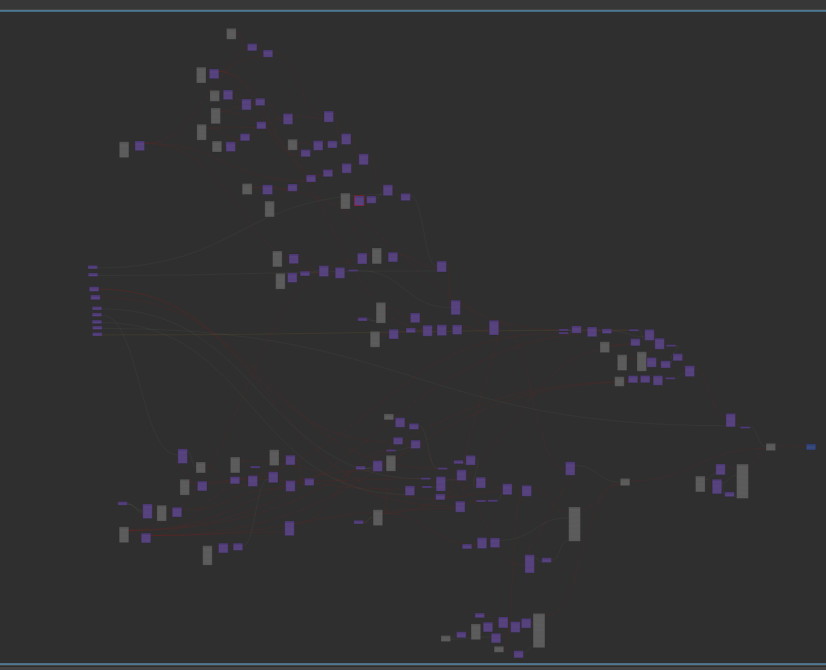 A screenshot fo the Maya material nodegraph with a shit-ton of nodes.
