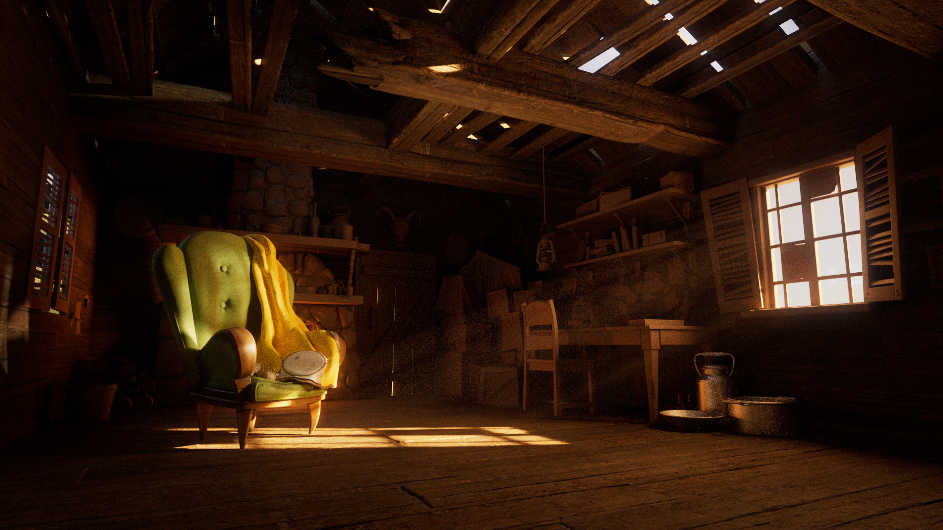 A peaceful end of day in a very rustic cabin. There's this big chair at the middle with some unifished cross stitching left on it. One of the probably last beam of sun is piercing through the window to warm the dusty wood.