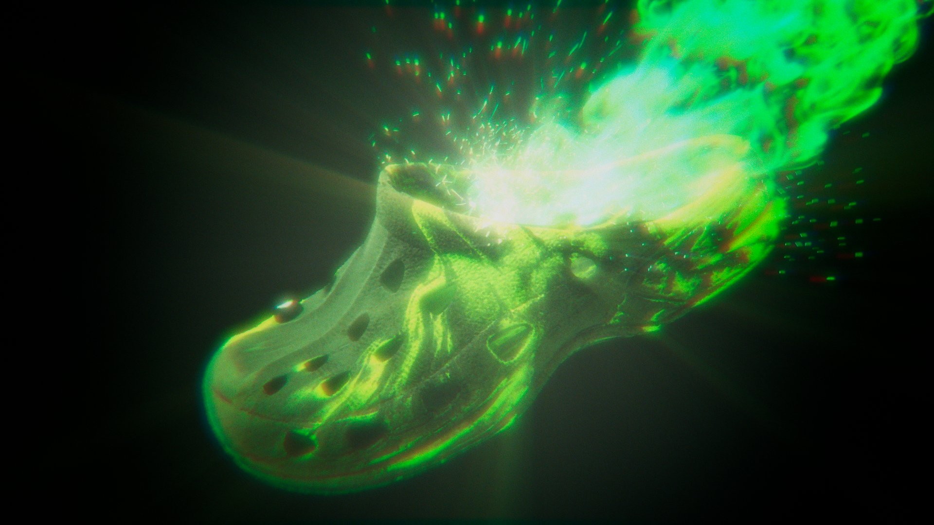 The iconic crocs shoes but what the fuck is going on ? Somehow it's in fire, somehow it's looks underwater and massive flare are burnign your retina.