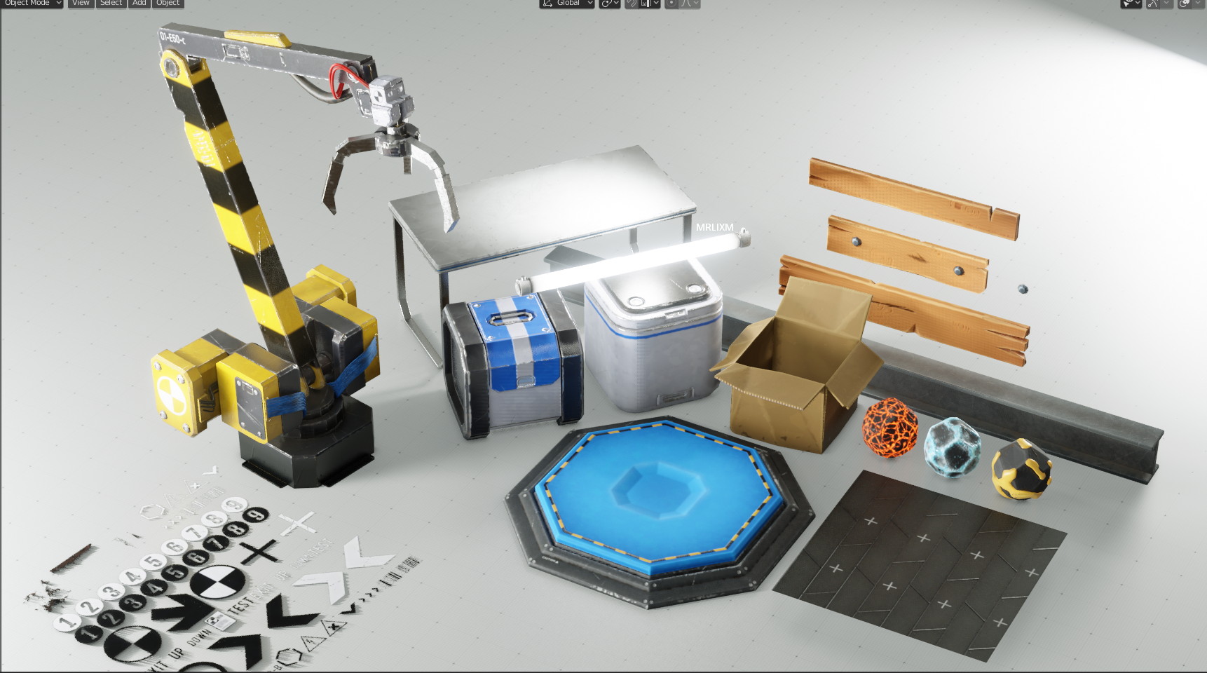 A collection of random sci-fi looking props. There's some boxes, cardbox, some kind of floor surfaces, a mechanical clamp and various other assets.