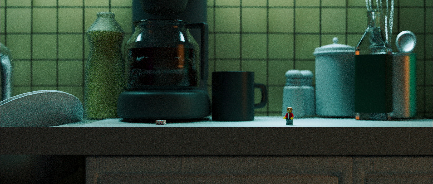 A lego minifigurine left on the kitchen counter while a strong creepy neon is balsting the whole scene.