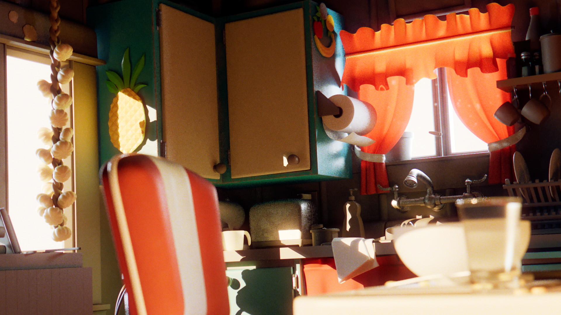 A very stylized kitchen with a strong sun flooding everywhere.