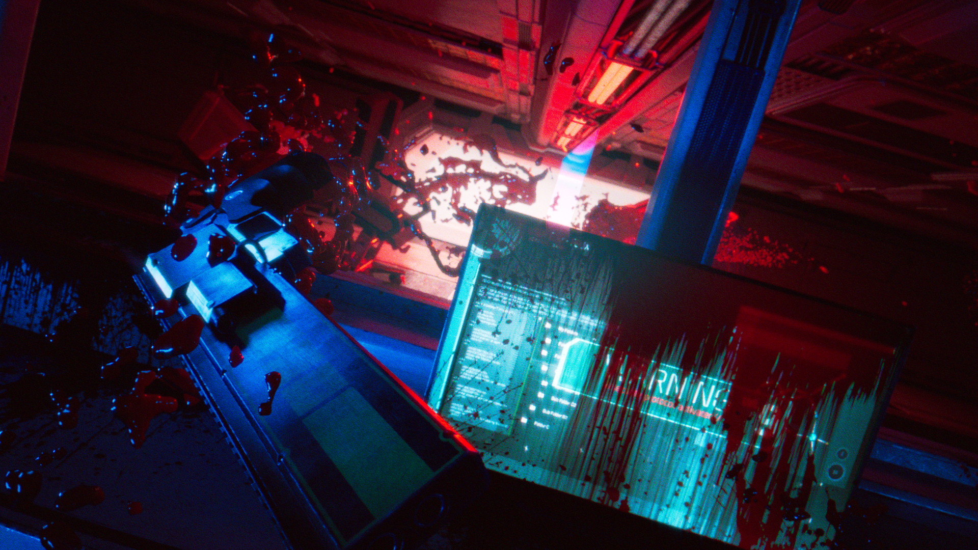 Gravity was turned off. It was chaos all around, the bright neons all turned red to indicate an emergency. As I got into the security cabin I got greeted by blood floating all around. The computer I sut use was also covered from it but no body was to be found.