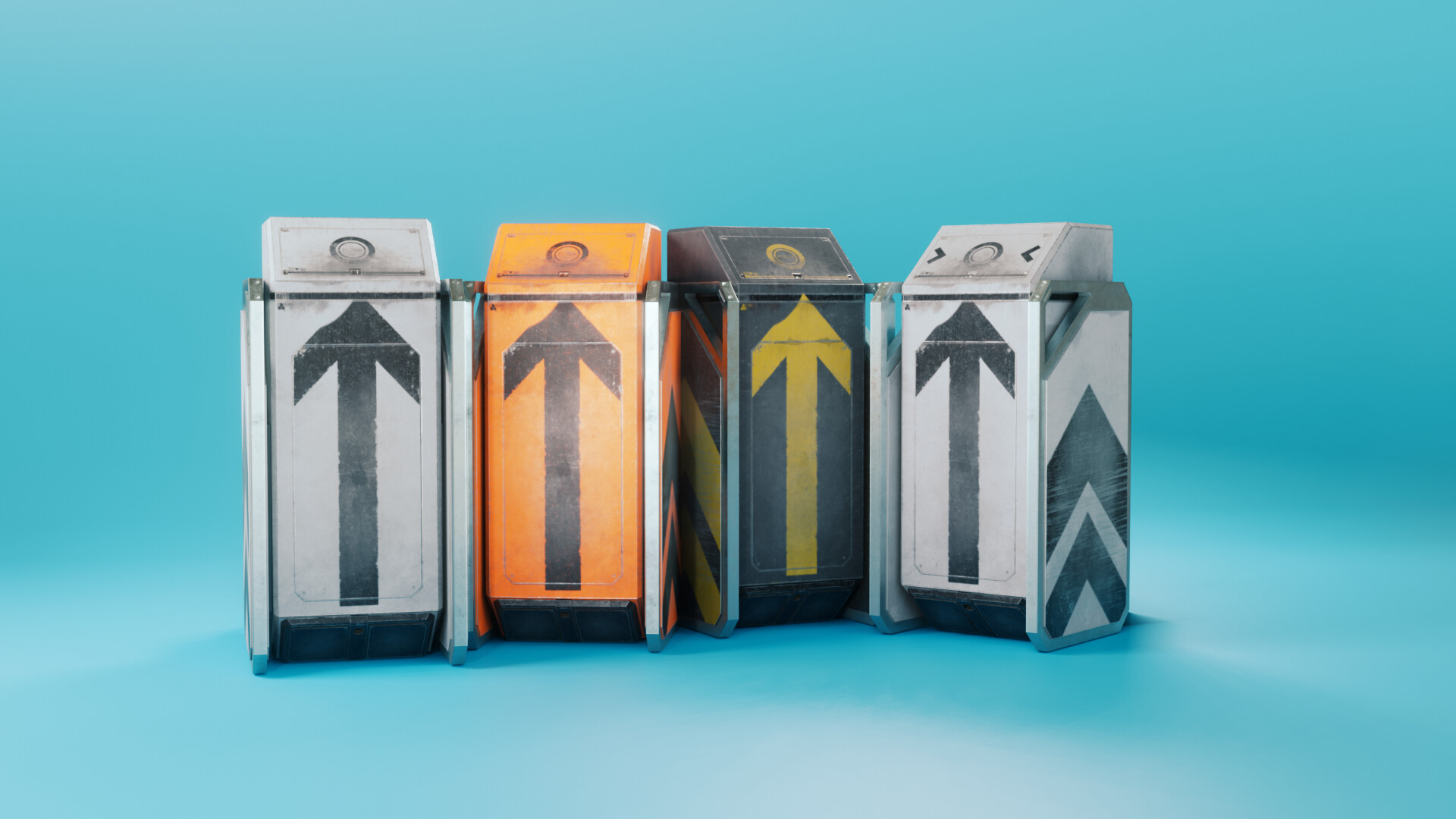 A bunch of sci-fi looking trash-cans. Big blocks of metal with bold visual elements over it.