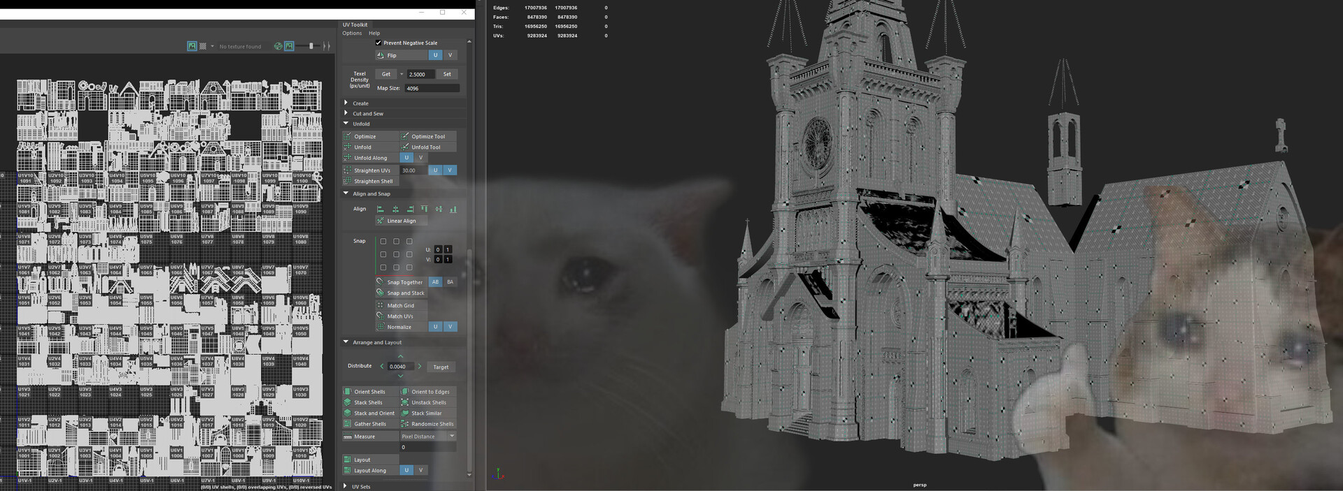 A screenshot of the Maya software interface with all the hundred of UDIM tiles.