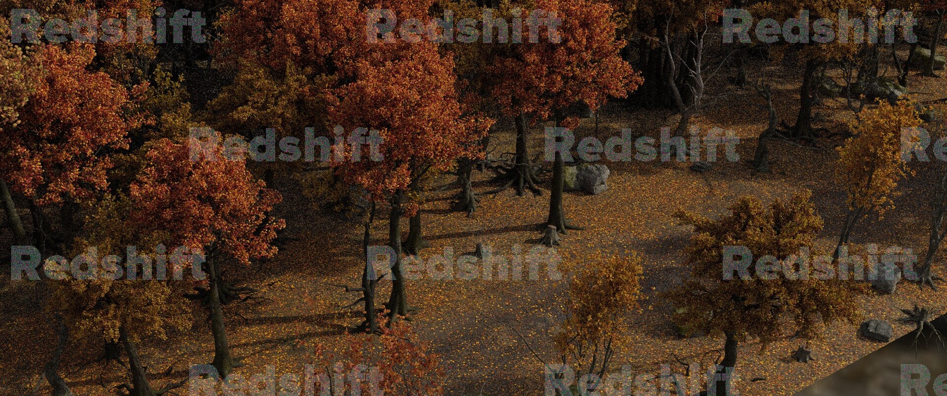 A render of an autumnal forest from above. There's a lot of scattered leave all around.